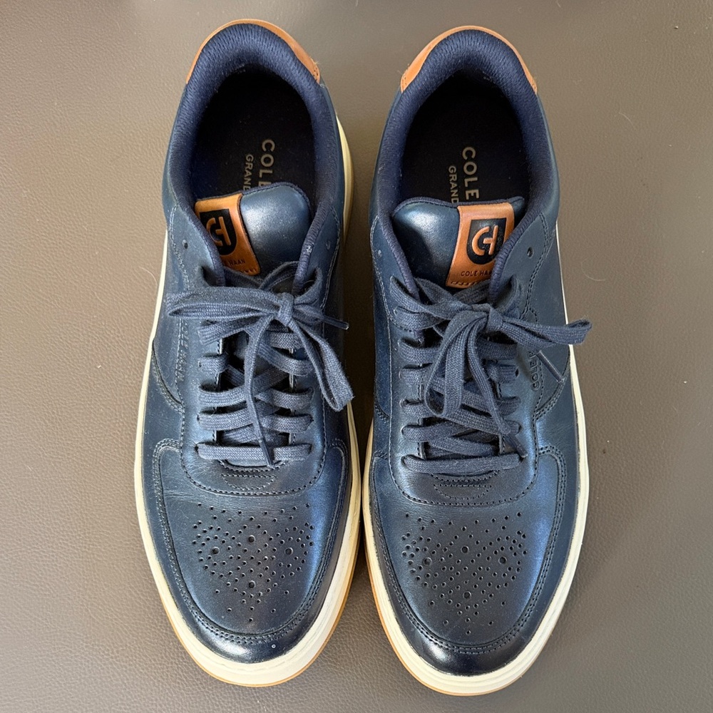 Cole Haan Men’s Navy Leather Grand Series Sneakers with Tan Accents